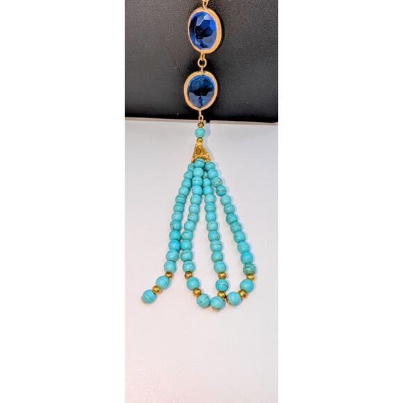 Dyed Howlite Sapphire Glass Gold Tone Bezel Set Tassel Slip Over 28" Necklace - Picture 4 of 9